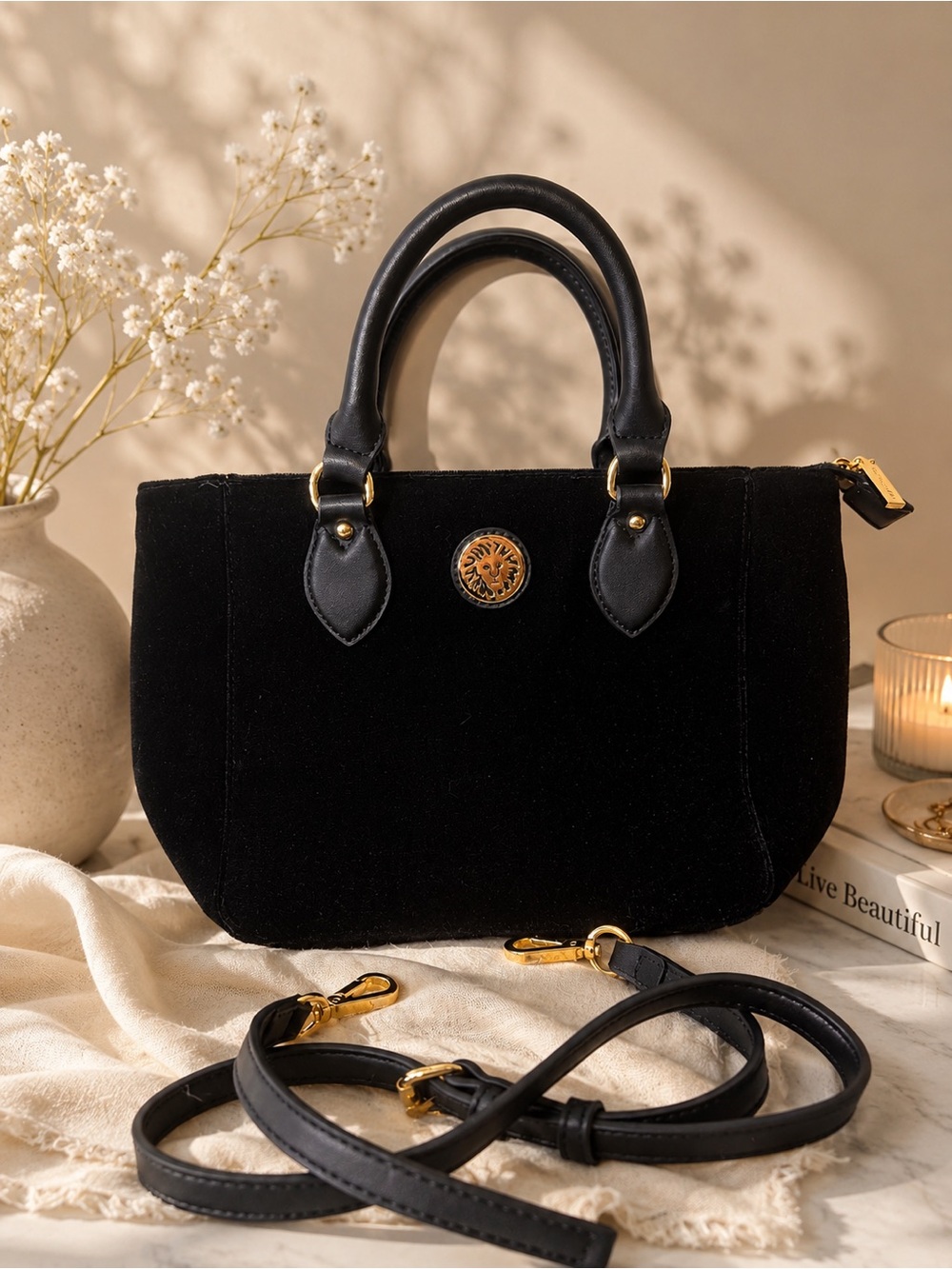 Anne Klein Black Velvet Satchel with Gold Medallion